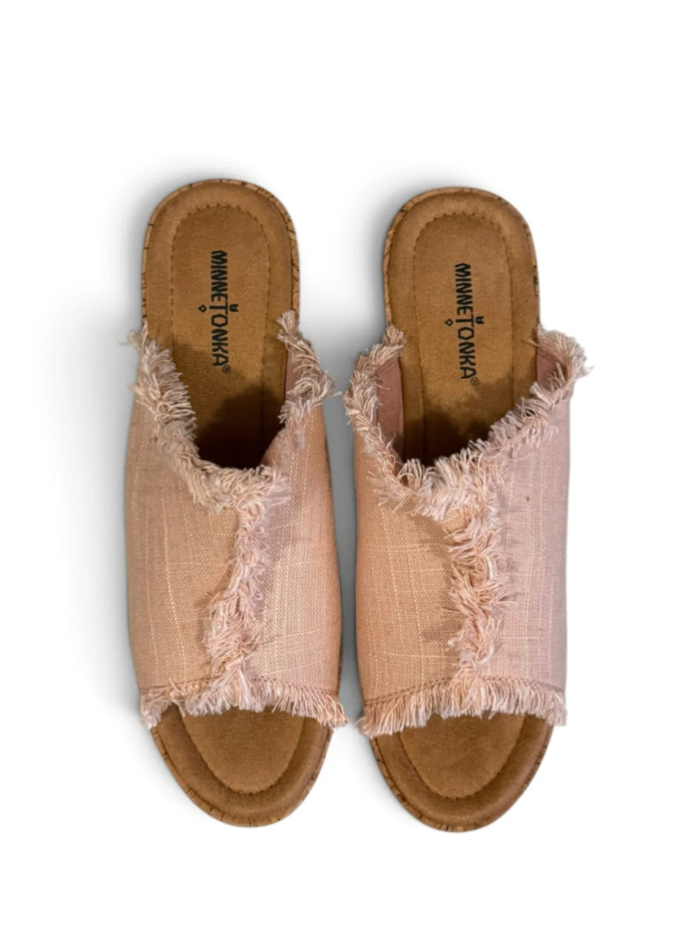 Minnetonka Women’s Size 11 Pink Blush Fabric Cork Wedge Slide Sandals Frayed Edg